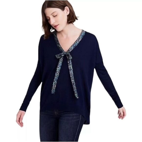 J.CREW Abigail Borg Navy Merino Wool Tie-Neck V-Neck Sweater - Picture 10 of 10